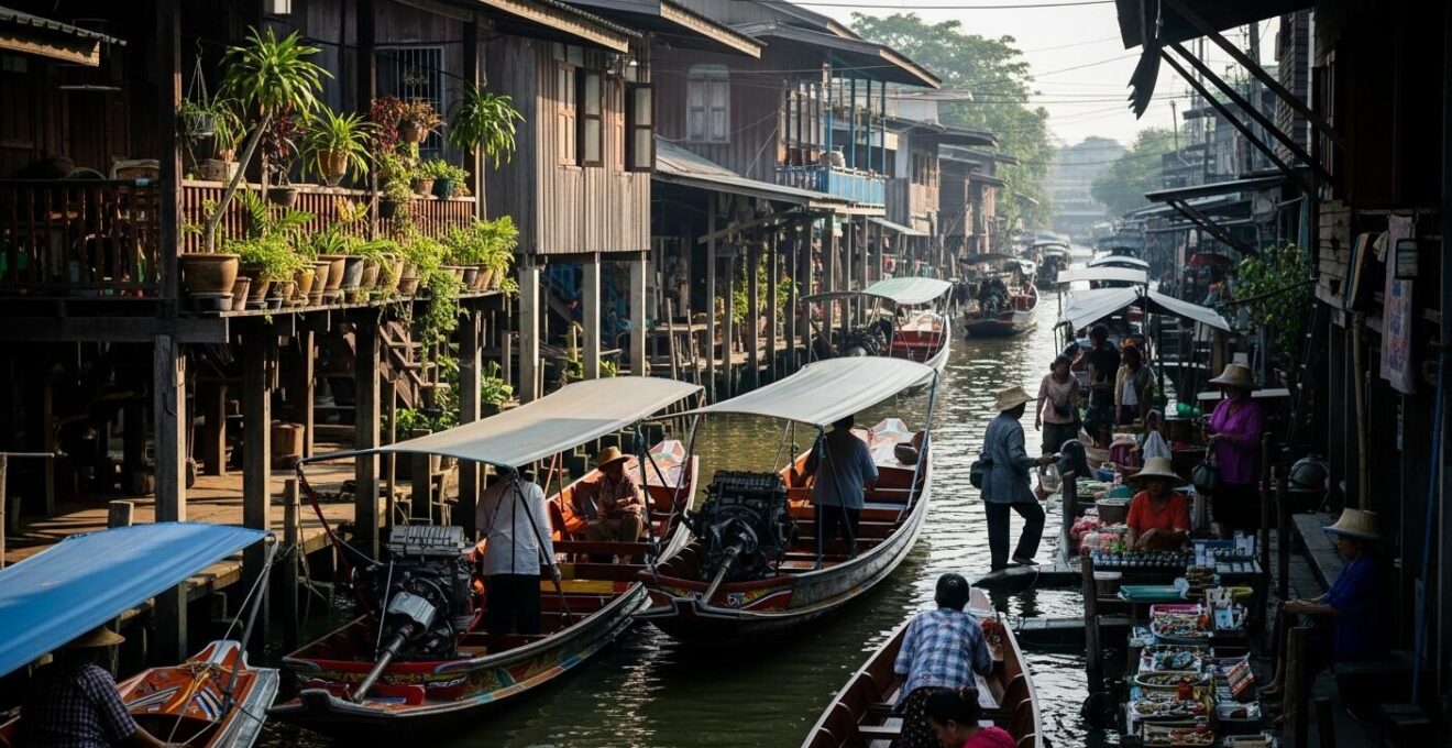 Photographie documentaire montrant des maisons traditionnelles au bord d'un canal avec bateaux de mariniers, mêlant architecture vigneronne et fluviale