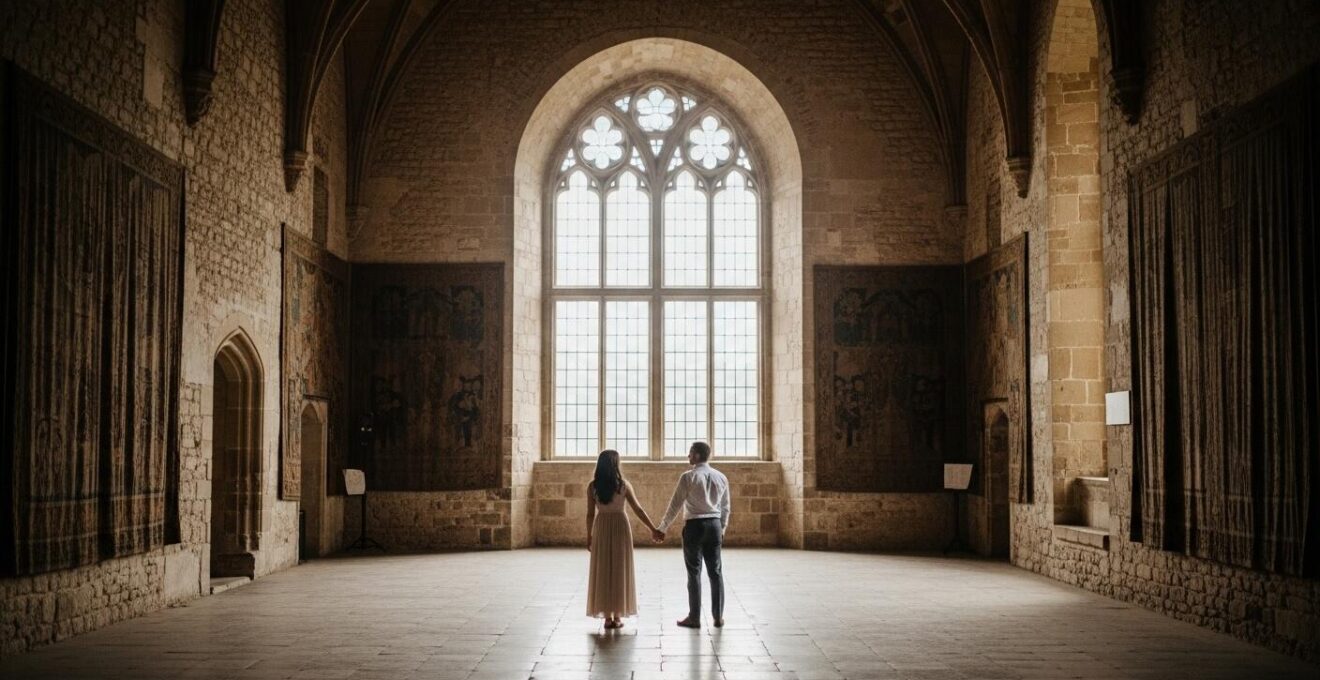 Couple visitant un château de la Loire en privé, ambiance romantique et calme