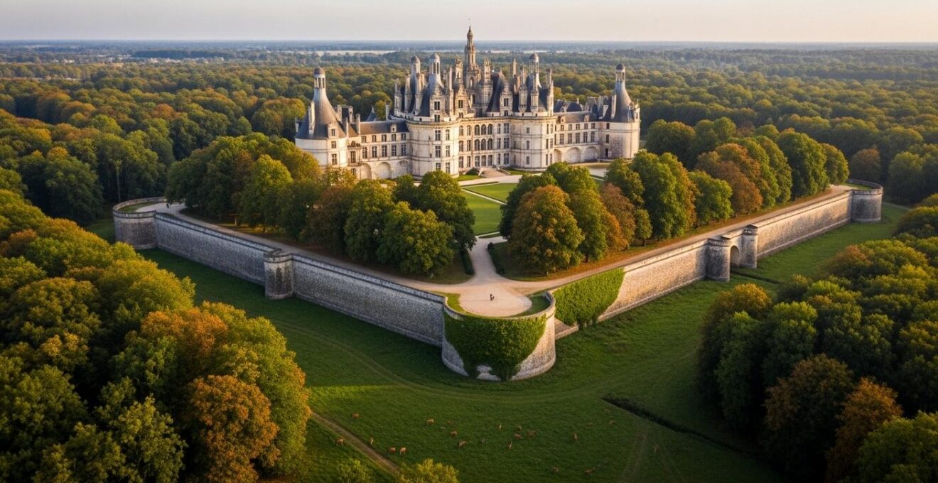 Vue panoramique symbolique du château de Chambord intégré dans son vaste domaine forestier avec le mur d'enceinte visible