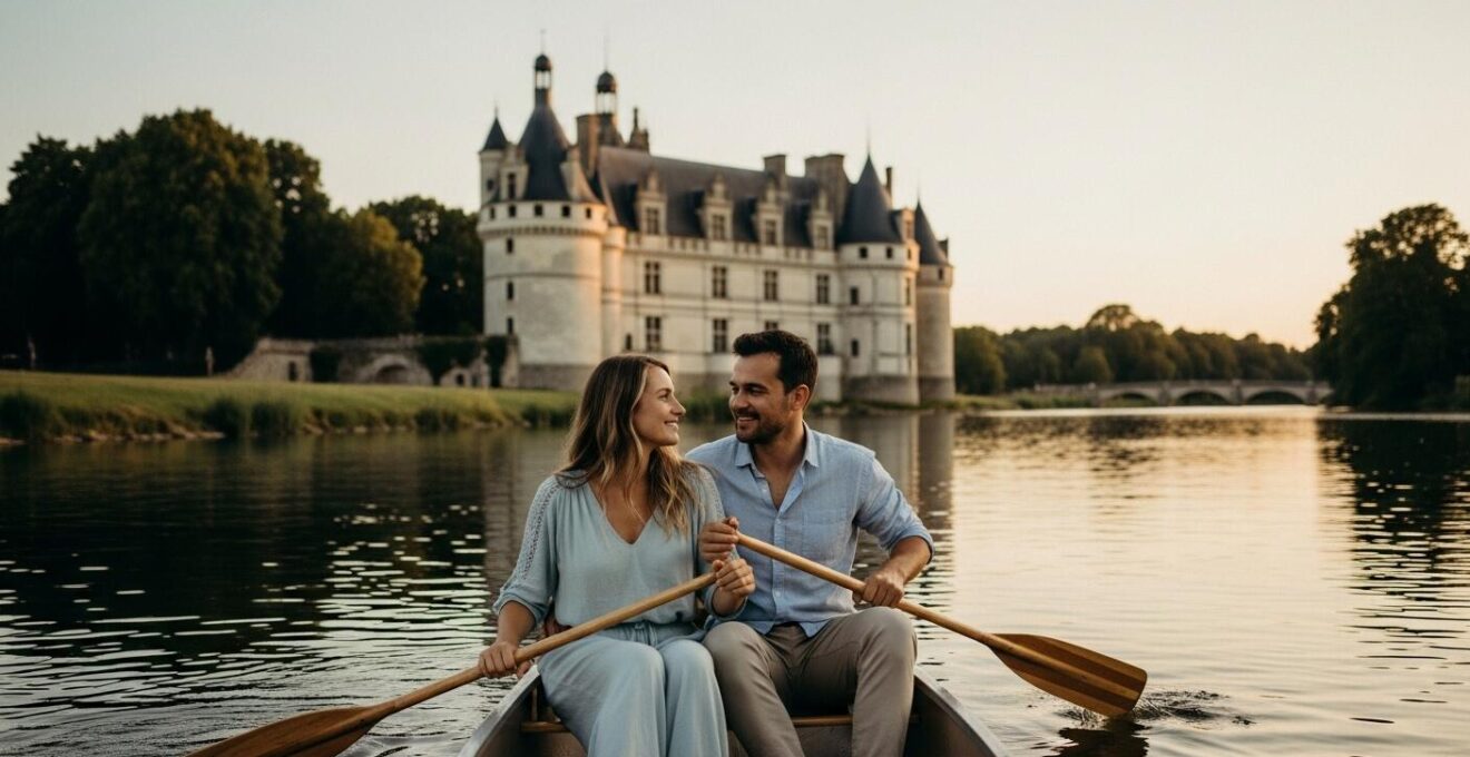 Couple romantique en canoë sur la rivière avec le Château de la Loire en arrière-plan au coucher du soleil