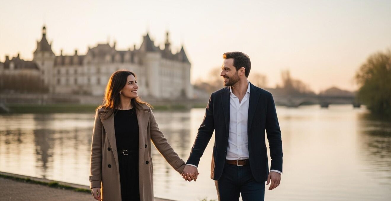 Couple romantique au bord de la Loire au coucher du soleil avec château en arrière-plan