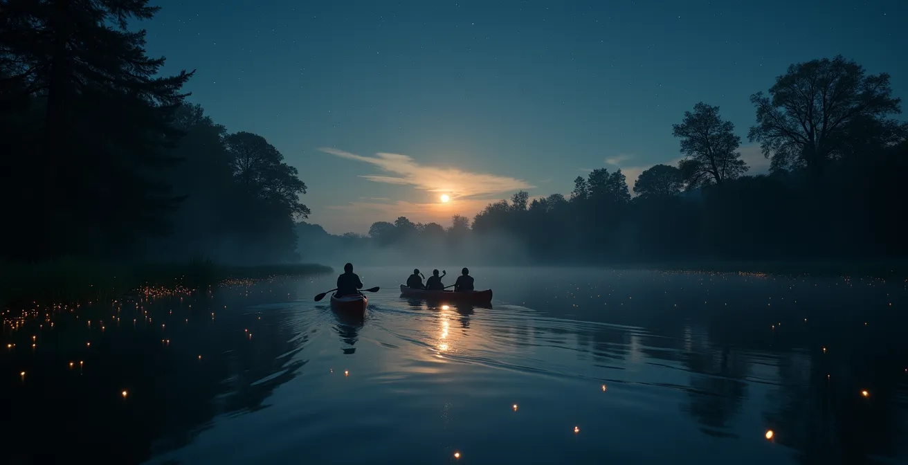 Scène nocturne montrant une sortie en canoë au crépuscule sur la Loire avec ciel étoilé et silhouettes d'arbres