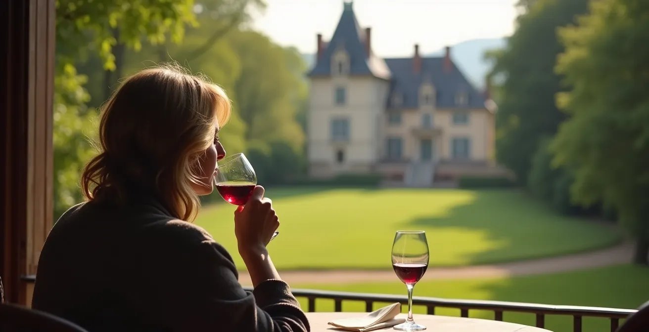 Visiteur dégustant un vin les yeux bandés avec un château en arrière-plan et une forêt paisible à proximité