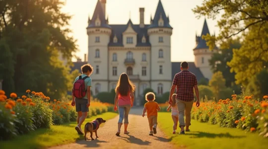 Famille avec enfants explorant un château du Val de Loire sous un ciel lumineux, entourée de jardins et éléments ludiques.