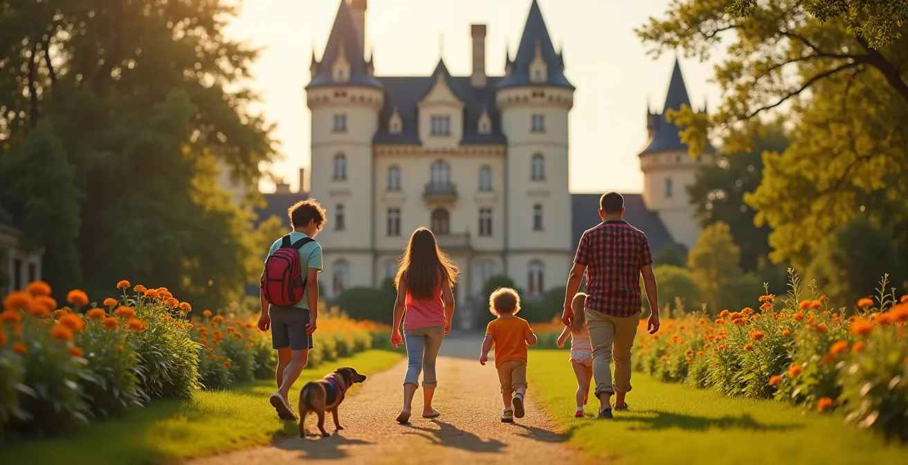 Famille avec enfants explorant un château du Val de Loire sous un ciel lumineux, entourée de jardins et éléments ludiques.