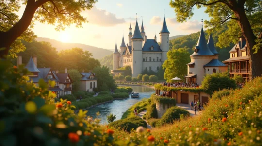 Vue panoramique d'un parc à thèmes du Val de Loire mêlant nature luxuriante, éléments historiques et attractions familiales animées.