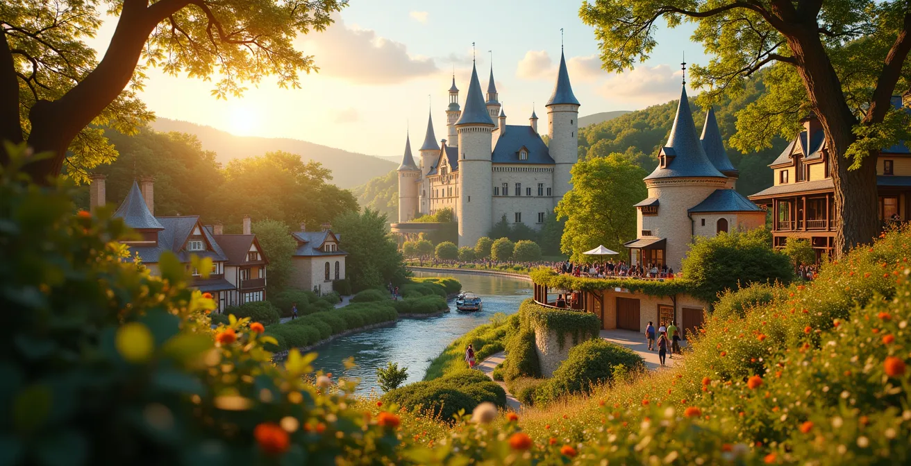 Vue panoramique d'un parc à thèmes du Val de Loire mêlant nature luxuriante, éléments historiques et attractions familiales animées.