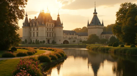 Vue panoramique d'un château emblématique du Val de Loire au coucher du soleil avec la Loire en premier plan et des jardins luxuriants
