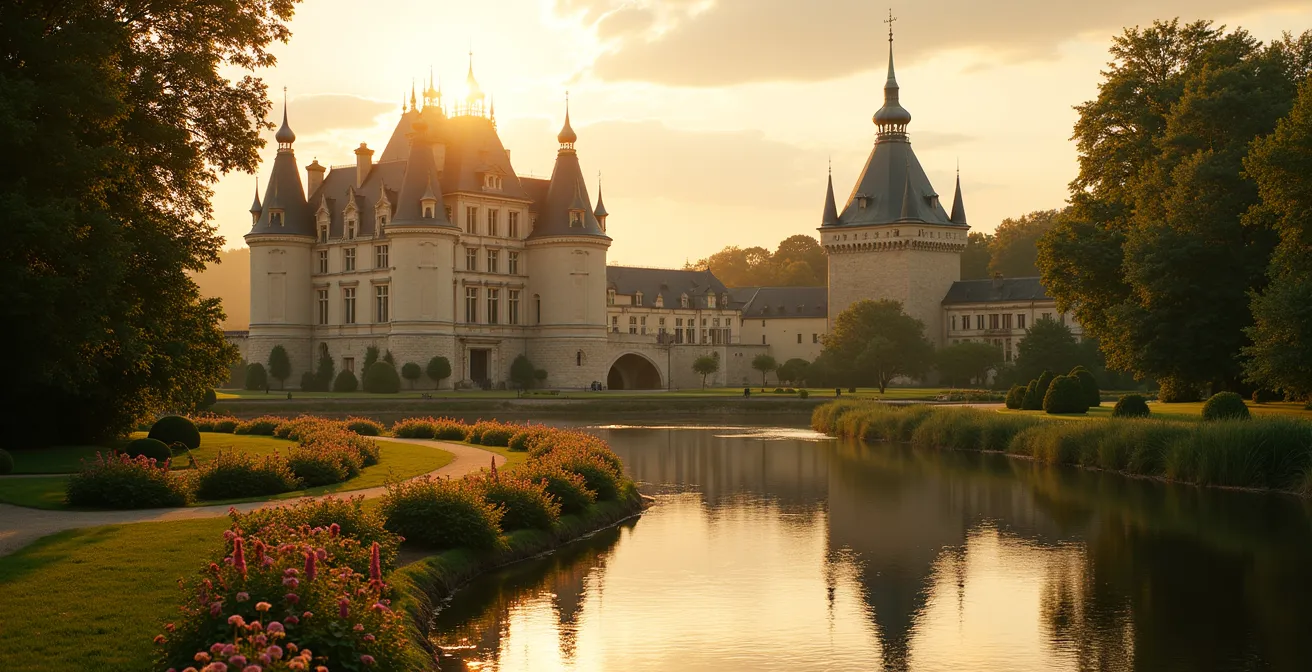 Vue panoramique d'un château emblématique du Val de Loire au coucher du soleil avec la Loire en premier plan et des jardins luxuriants