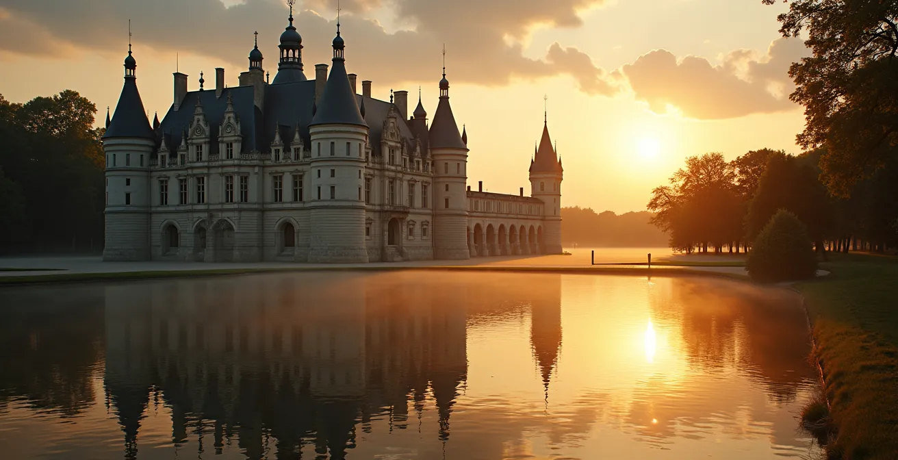 Vue panoramique du Château de Chambord au coucher du soleil, symbolisant le patrimoine national du Val de Loire