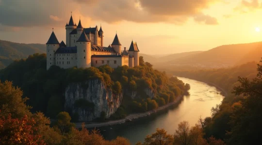 Vue panoramique de la forteresse royale de Chinon avec le fleuve Vienne en arrière-plan, symbolisant l'histoire de France et l'esprit de Rabelais.