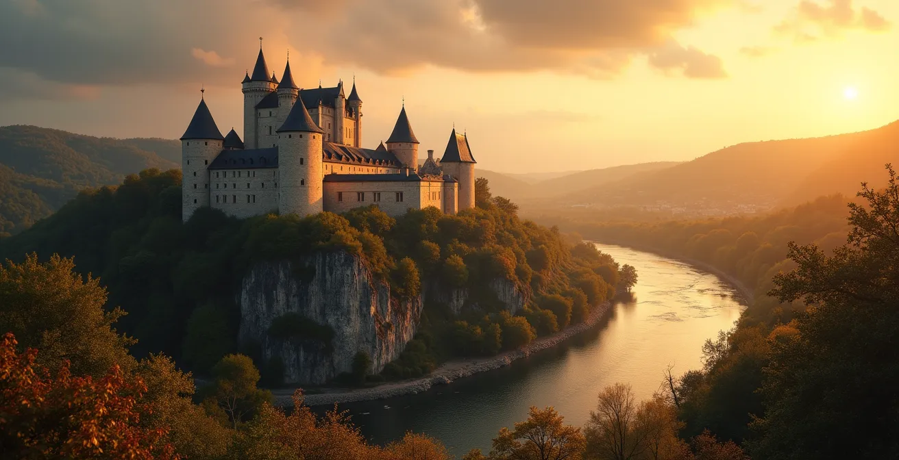 Vue panoramique de la forteresse royale de Chinon avec le fleuve Vienne en arrière-plan, symbolisant l'histoire de France et l'esprit de Rabelais.