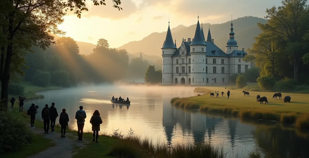 Paysage montrant un château Renaissance avec un parc naturel étendu et des visiteurs en canoë sur un étang