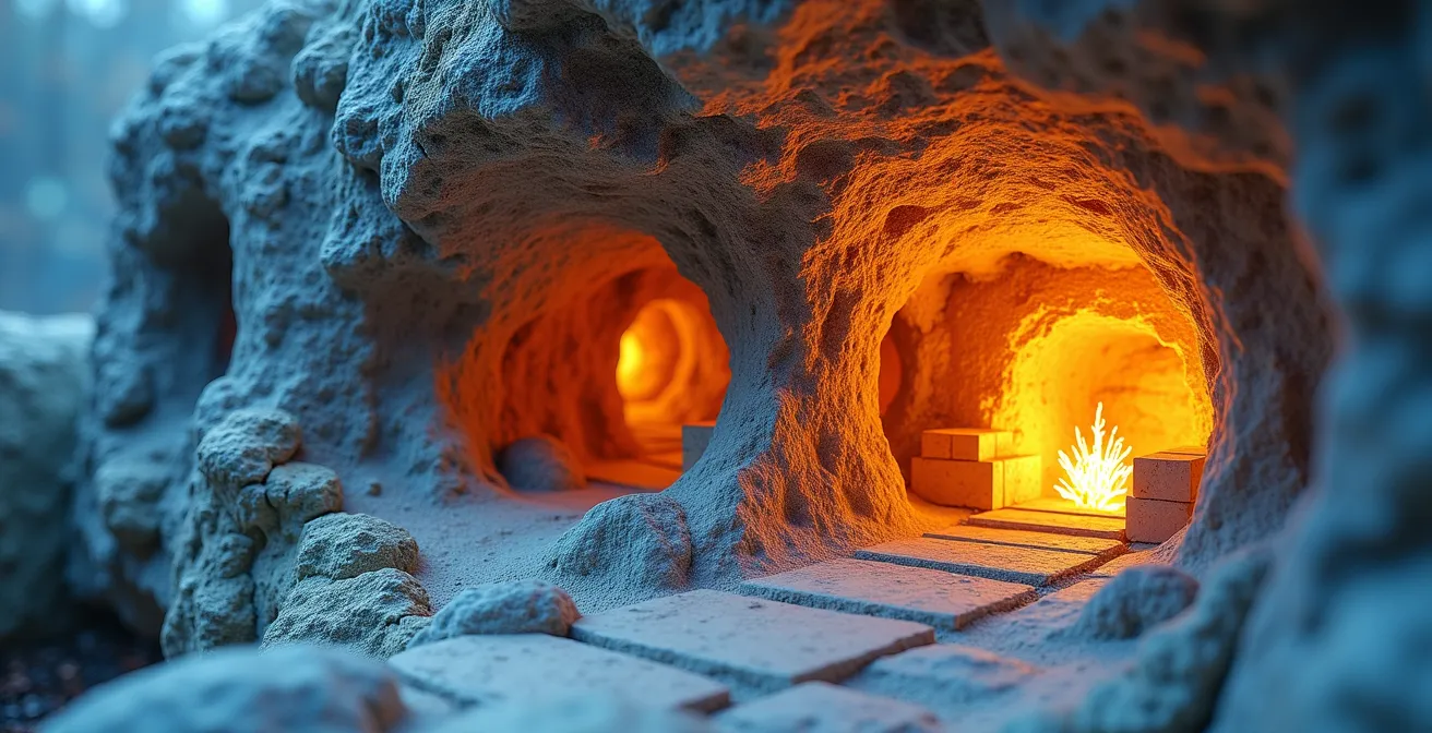 Coupe transversale d'une maison troglodytique illustrant la fraîcheur en été et la chaleur en hiver grâce à l'inertie thermique de la roche