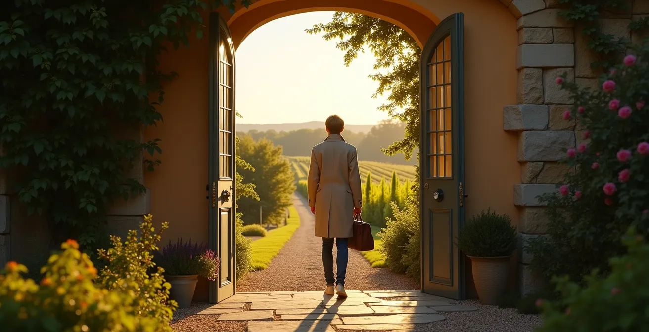 Vue panoramique au lever du soleil d un hébergement de charme en Val de Loire devant des coteaux, un jardin et des vignes, invitant au voyage