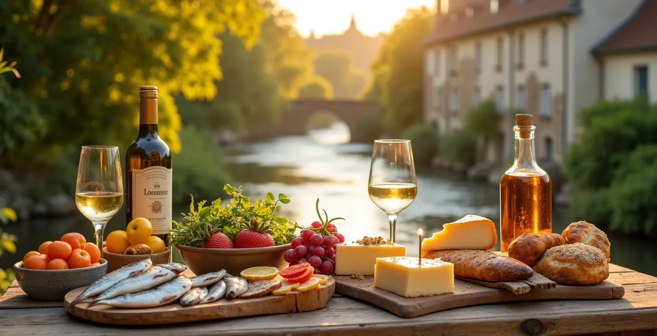 Panorama du Val de Loire avec divers produits locaux emblématiques étalés sur une table rustique en extérieur au bord du fleuve