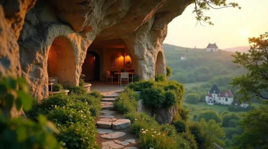 Vue panoramique d'un habitat troglodytique en Val de Loire avec une maison creusée dans la roche entourée de verdure et de châteaux au loin