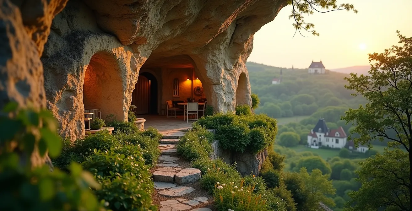 Vue panoramique d'un habitat troglodytique en Val de Loire avec une maison creusée dans la roche entourée de verdure et de châteaux au loin