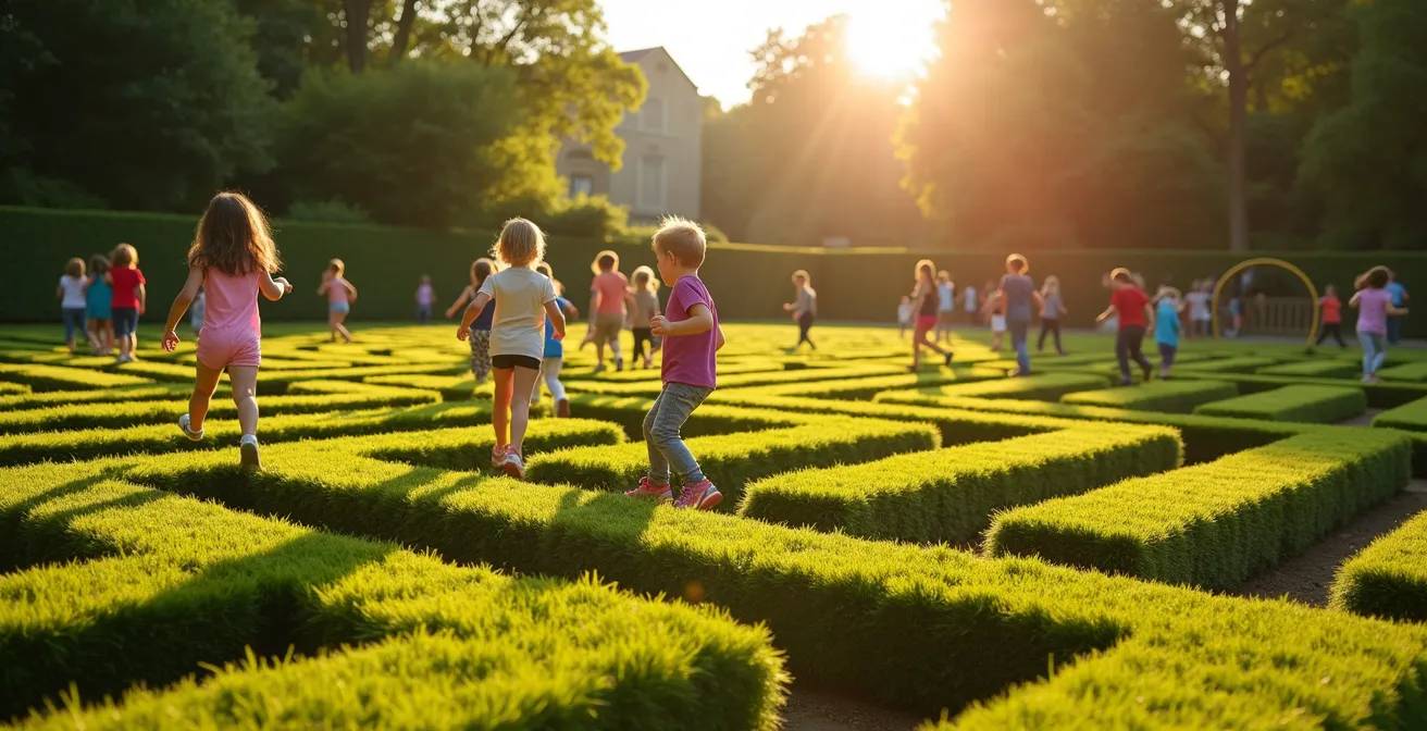 Enfants courant et jouant dans un labyrinthe de jardin avec des pelouses vertes et une aire de jeux à proximité dans un jardin du Val de Loire.