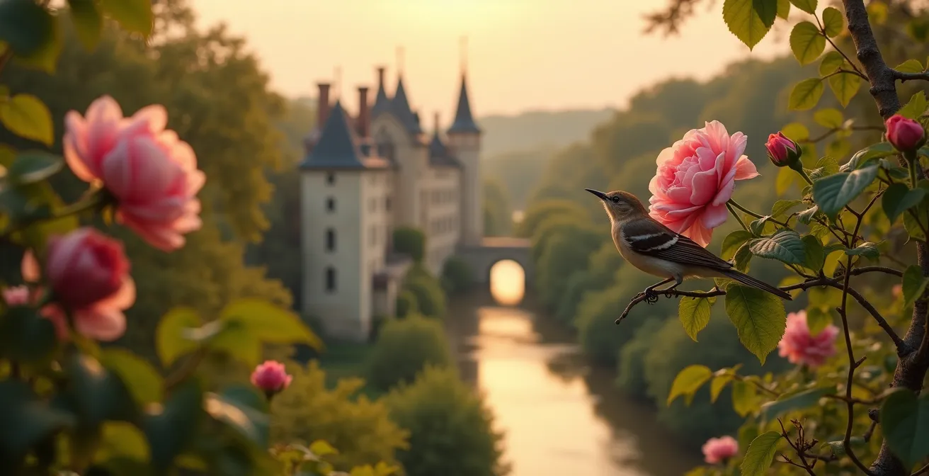 Détails sensoriels symbolisant les cinq sens : oiseaux chantant, fleurs parfumées, textures de pierre et feuillage, avec un paysage de la vallée de la Loire en arrière-plan
