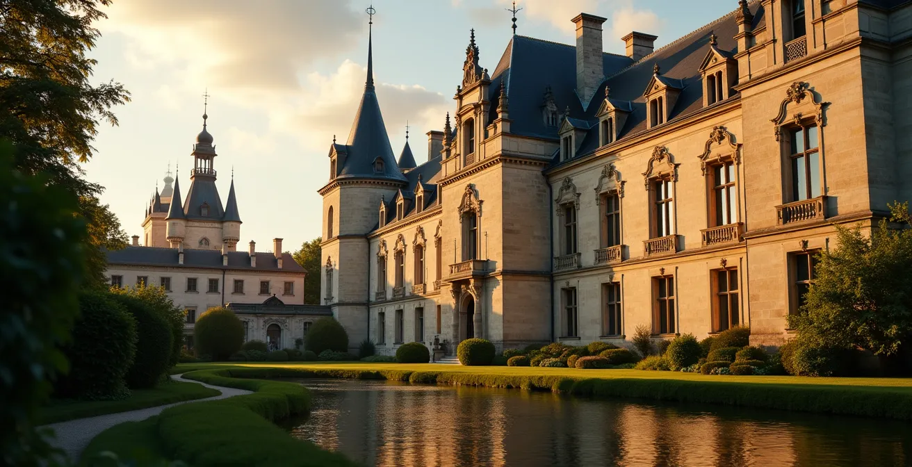 Façades ornées de châteaux Renaissance du Val de Loire, combinant éléments architecturaux, sculptures et détails symboliques dans un cadre harmonieux