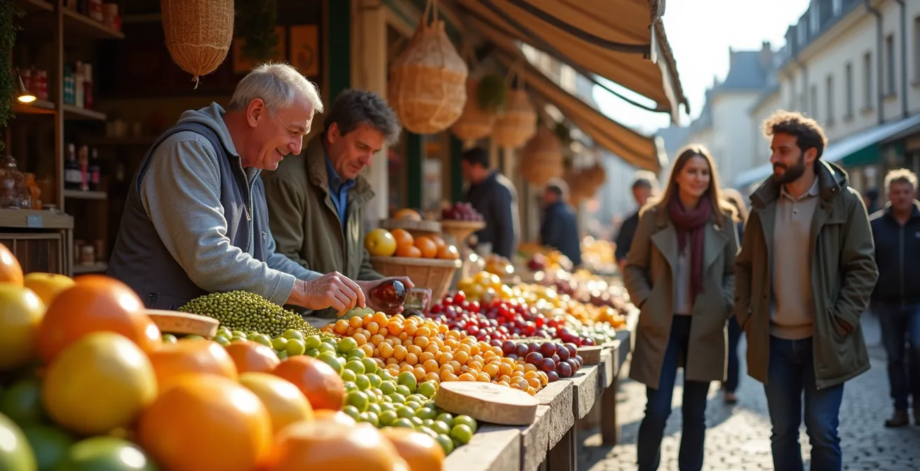 Scène d’un marché typique en Indre-et-Loire avec stands colorés de fruits, légumes, fromages et produits locaux, ambiance animée et échanges chaleureux entre producteurs et clients.