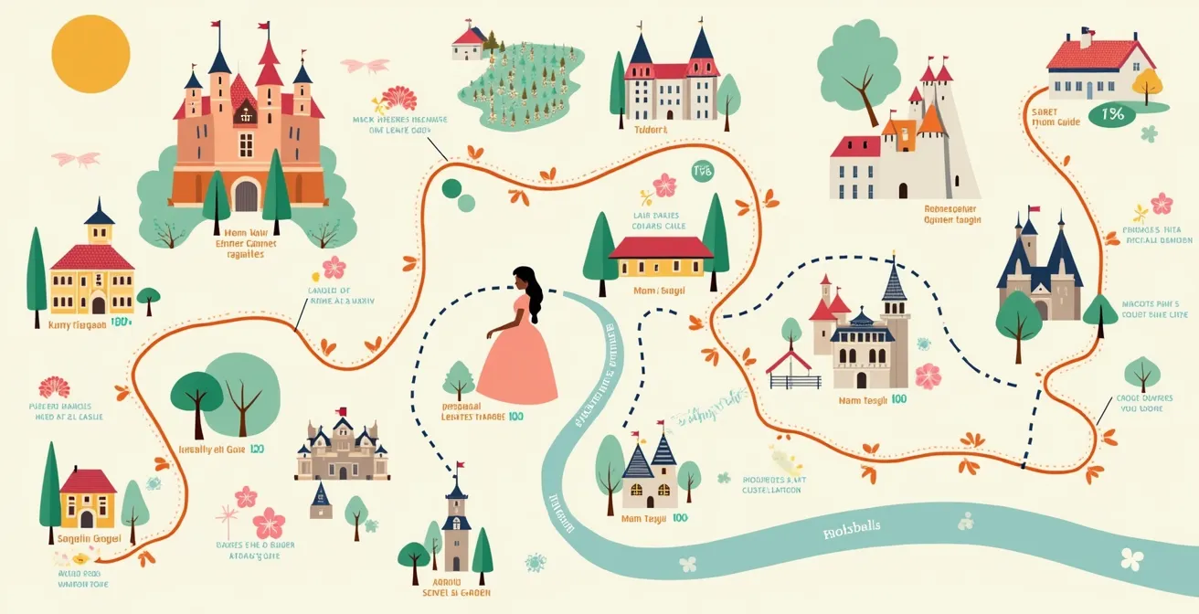 Carte stylisée d’un itinéraire thématique détaillant des lieux historiques et sensoriels en Val de Loire, avec des icônes symbolisant des châteaux, vignobles, jardins et personnages historiques féminins