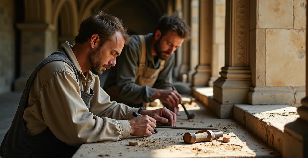 Artisans au travail sur la restauration d'une façade historique du Château de Chambord