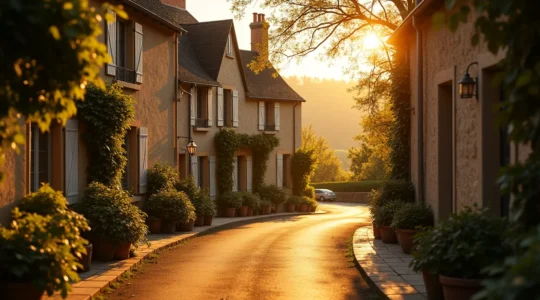 Vue pittoresque d'un village typique du Val de Loire avec ses ruelles pavées, toits en tuiles, vignes en coteaux et la Loire en arrière-plan