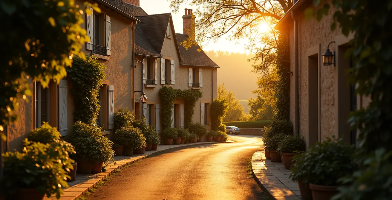 Vue pittoresque d'un village typique du Val de Loire avec ses ruelles pavées, toits en tuiles, vignes en coteaux et la Loire en arrière-plan