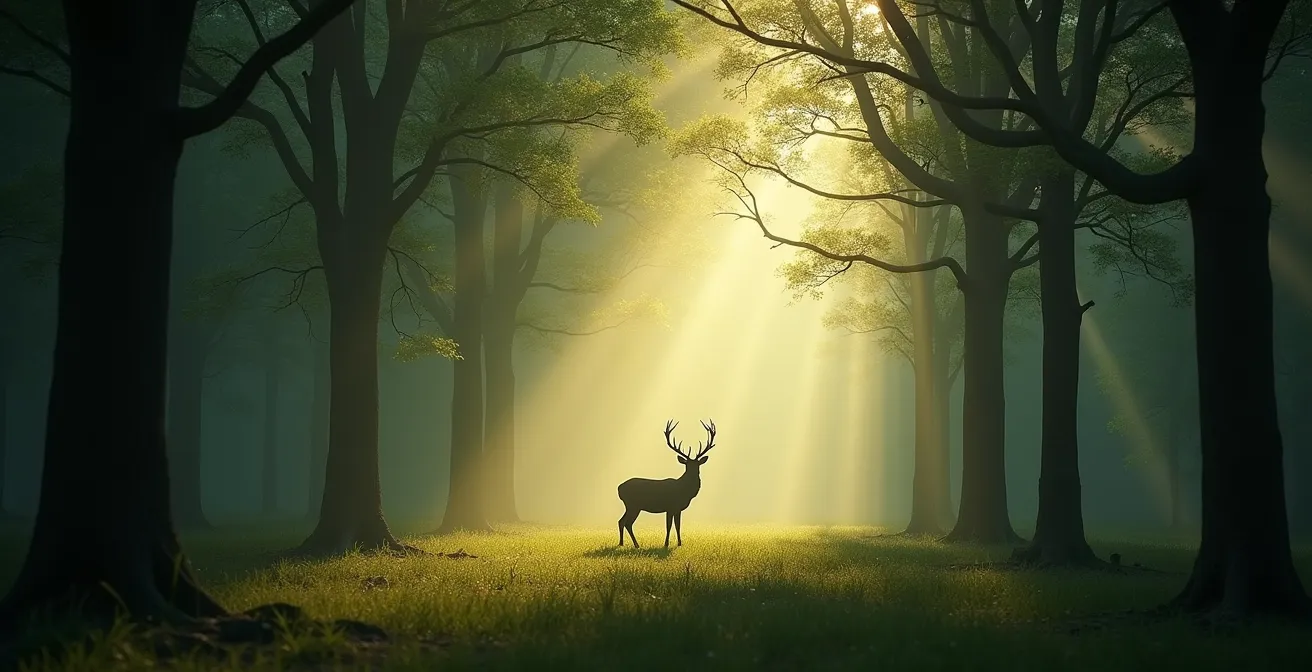 Vue immersive d'une forêt dense et sauvage avec un cerf majestueux à Chambord