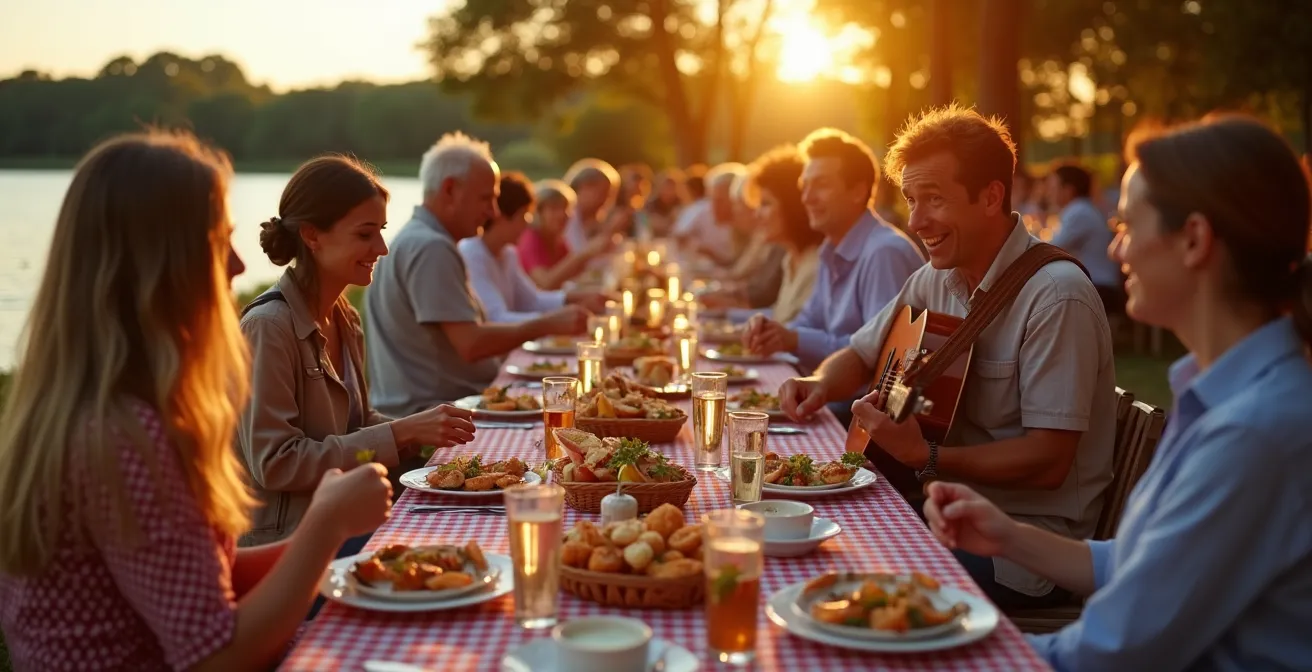 Scène d'une guinguette animée au bord de la Loire avec des tables en plein air, musique live et personnes profitant d'un repas convivial