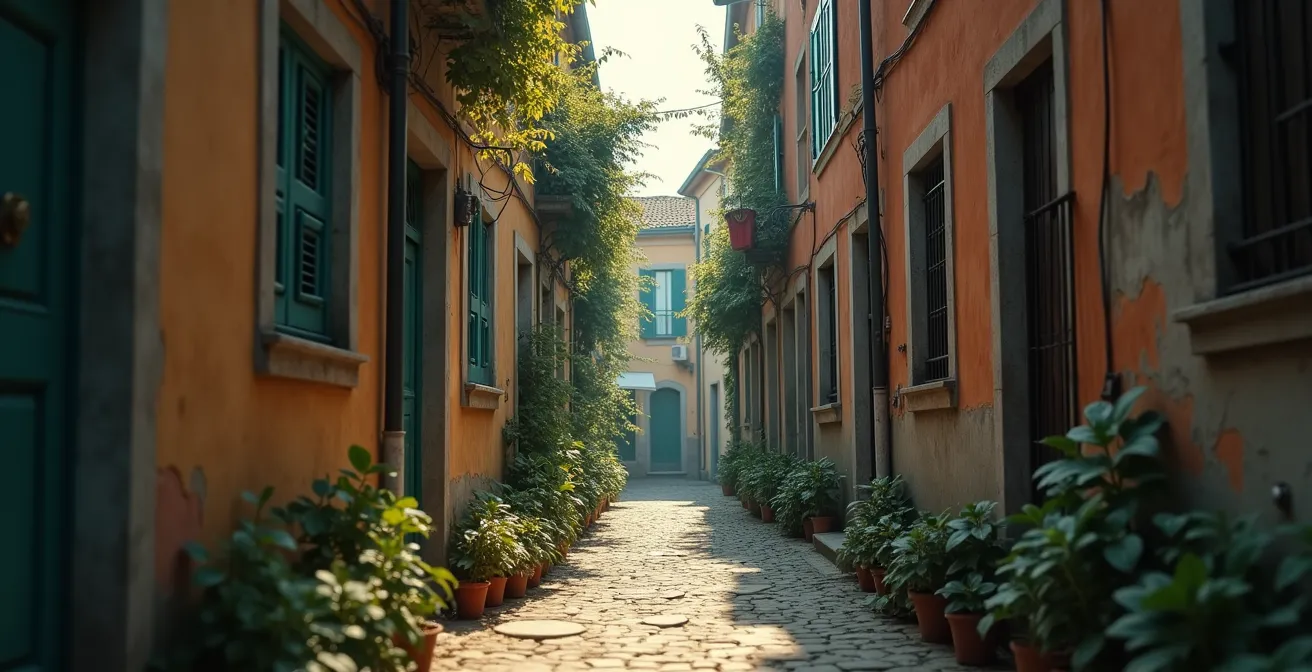 Scène réaliste d’une ruelle ancienne avec volets décalés, linge aux fenêtres et détails imparfaits de la vie quotidienne