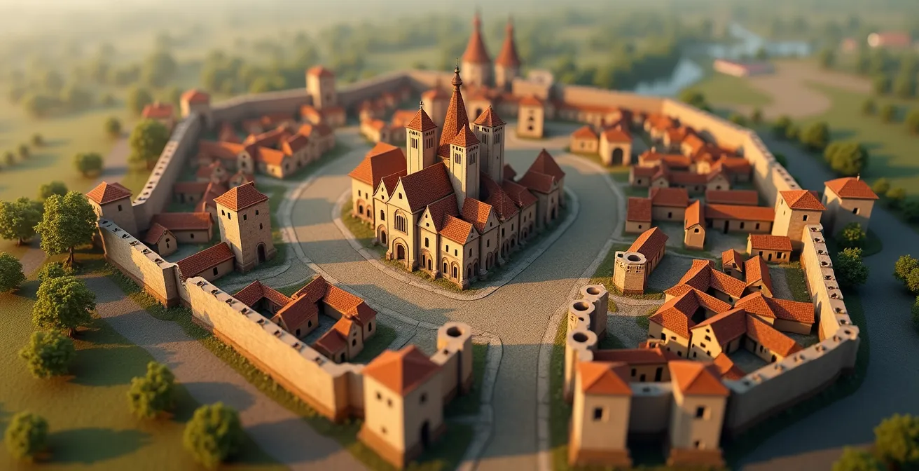 Illustration détaillée d’un plan ancien d’une cité de caractère montrant remparts, église et château avec annotations explicatives