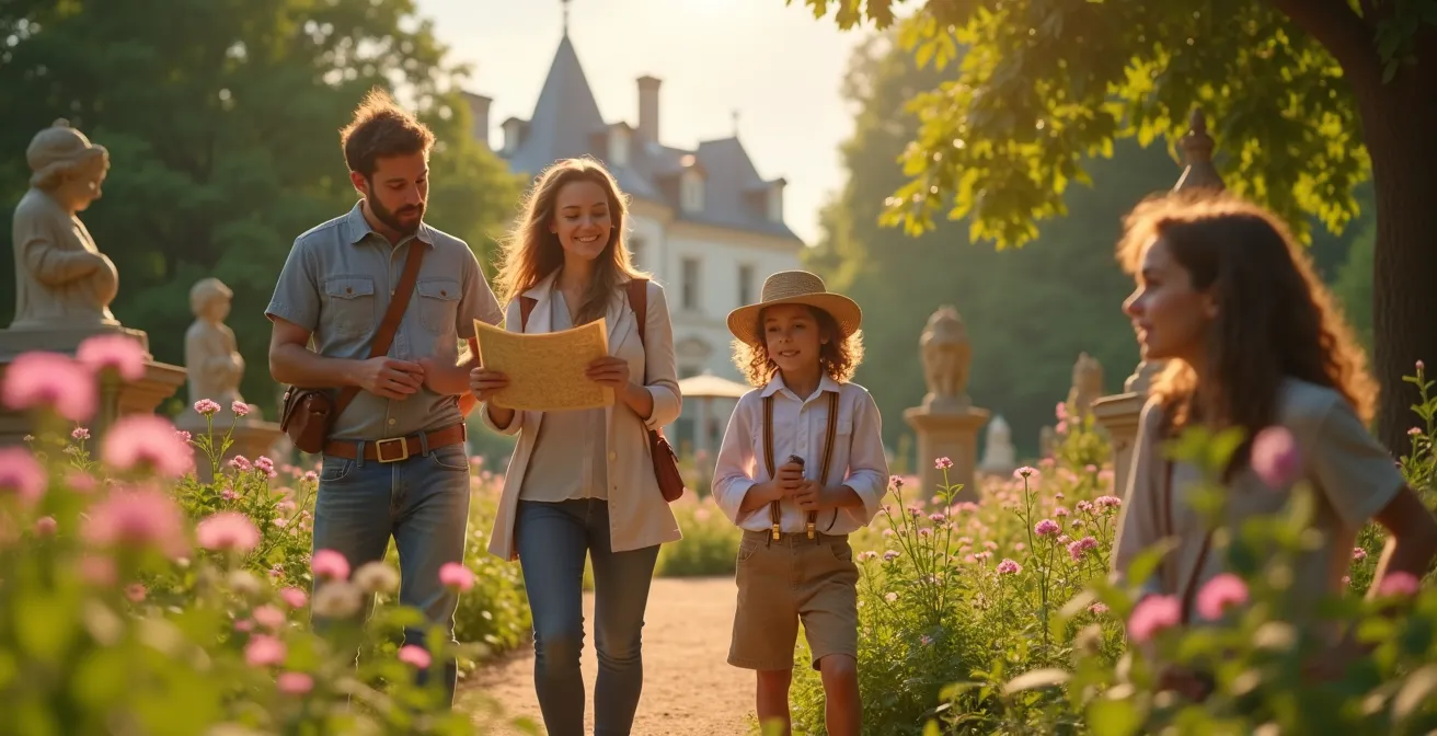 Famille en pleine chasse au trésor dans les jardins d’un château de la Loire, avec enfants explorant et adultes utilisant une carte, ambiance joyeuse et colorée