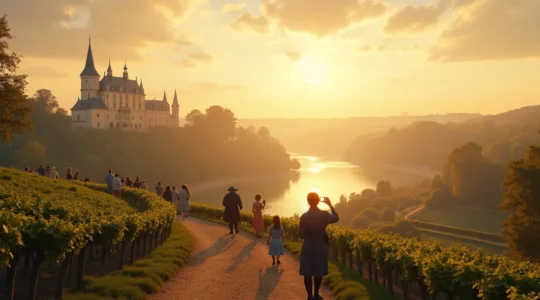 Vue panoramique symbolique du Val de Loire avec châteaux, vignobles, jardins et silhouettes évoquant des personnages historiques féminins et des visiteurs en balade