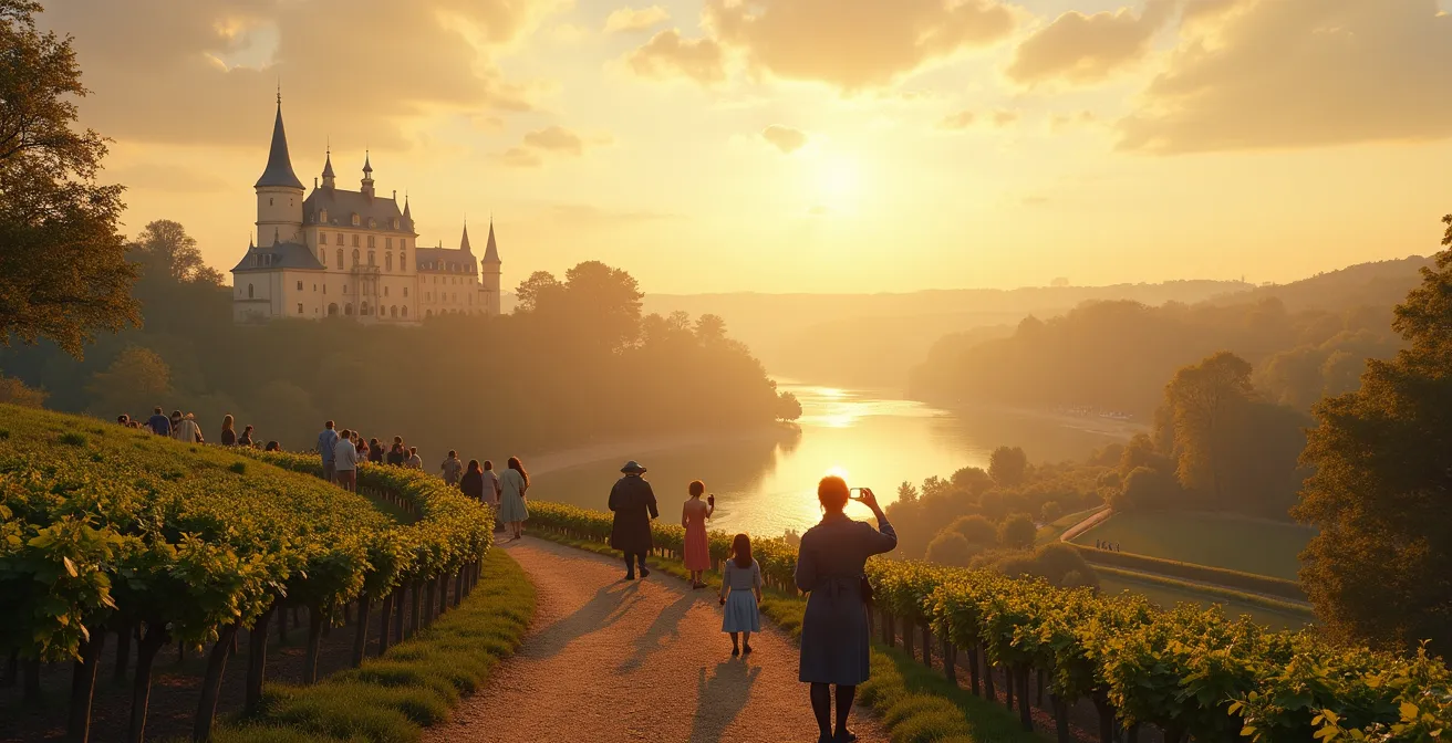 Vue panoramique symbolique du Val de Loire avec châteaux, vignobles, jardins et silhouettes évoquant des personnages historiques féminins et des visiteurs en balade