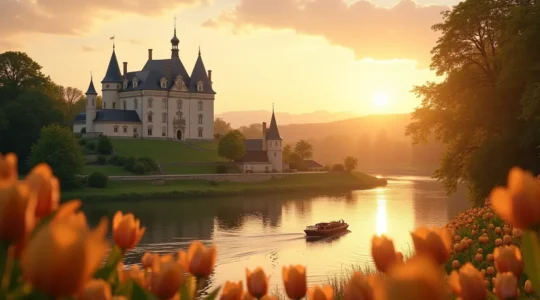 Vue panoramique d'une journée idéale en Val de Loire avec un château emblématique, rivière, et jardins verdoyants