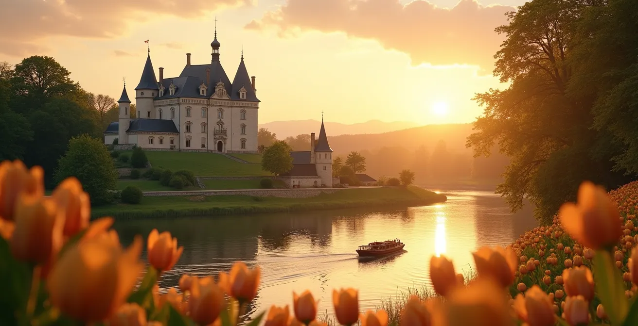 Vue panoramique d'une journée idéale en Val de Loire avec un château emblématique, rivière, et jardins verdoyants