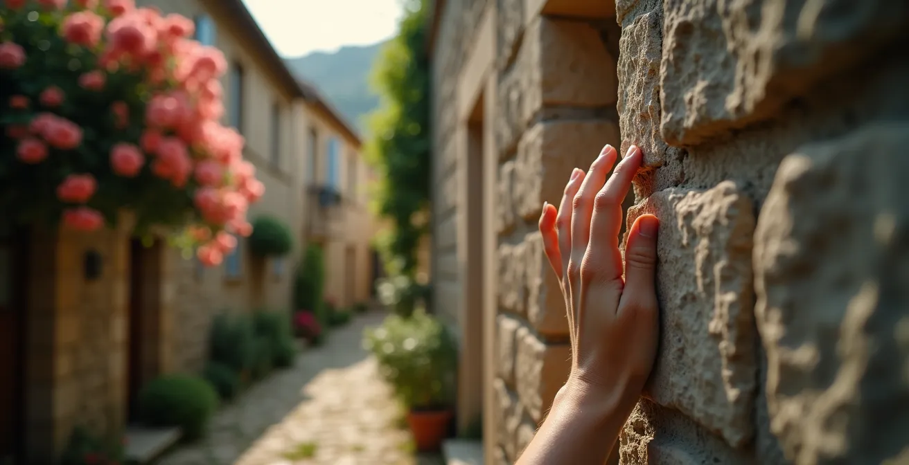 Découverte sensorielle d’un village typique du Val de Loire : mains touchant un mur en pierre, vue sur une ruelle calme et fleurs d’odeurs embaumantes