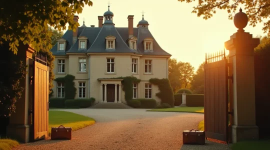 Façade d un manoir en tuffeau au coucher du soleil, parc ancien et allée gravillonnée en avant-plan
