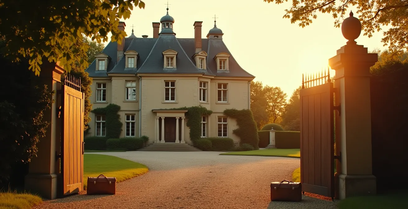 Façade d un manoir en tuffeau au coucher du soleil, parc ancien et allée gravillonnée en avant-plan