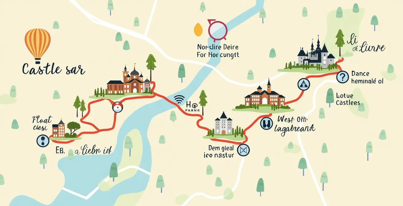 Carte stylisée avec un circuit touristique de châteaux et expériences uniques en Val de Loire