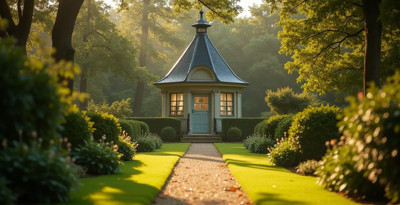 Petit pavillon d’agrément du XVIIIe siècle isolé dans un parc d’un grand château, entouré de verdure calme