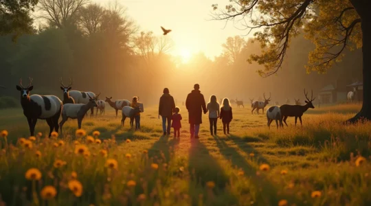 Vue panoramique d'un parc animalier en Val de Loire avec diversité d'animaux en semi-liberté et visiteurs respectueux observant