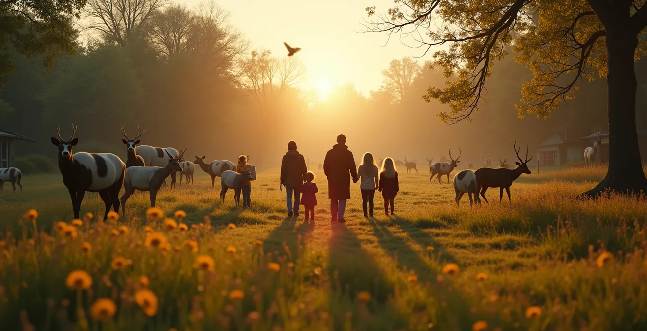 Vue panoramique d'un parc animalier en Val de Loire avec diversité d'animaux en semi-liberté et visiteurs respectueux observant