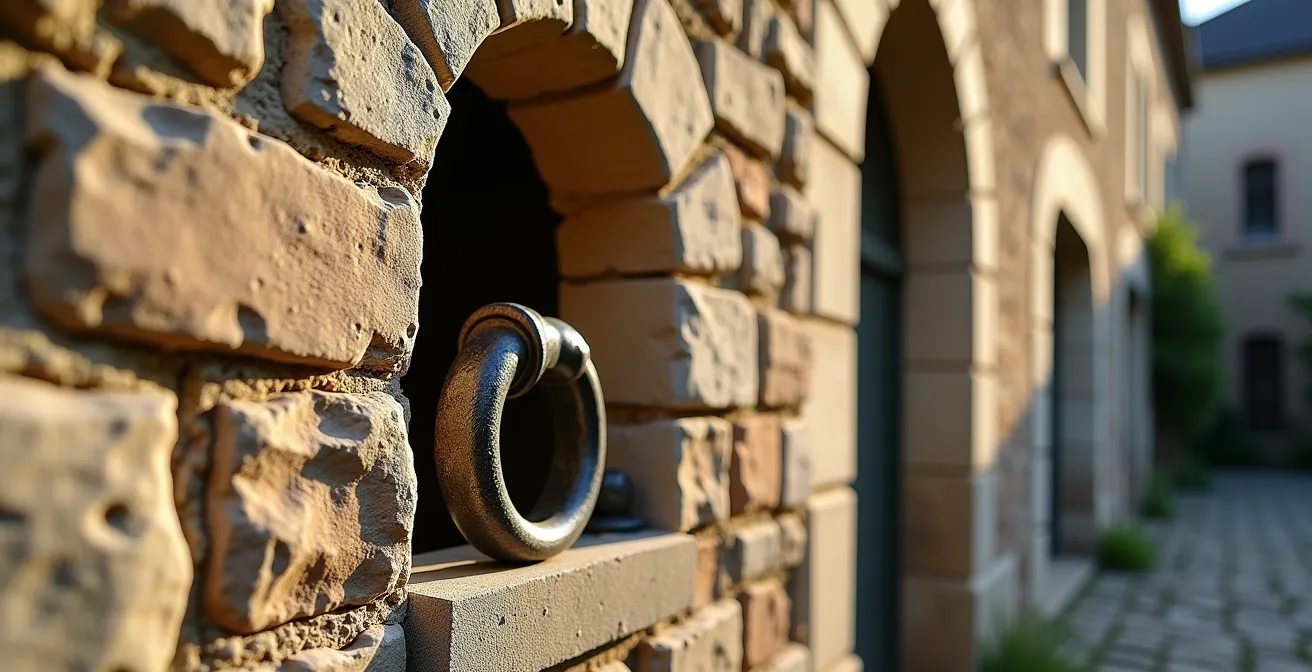 Détail architectural d’un mur en tuffeau avec niche ancienne, anneau d’attache et chasse-roue dans un village du Val de Loire