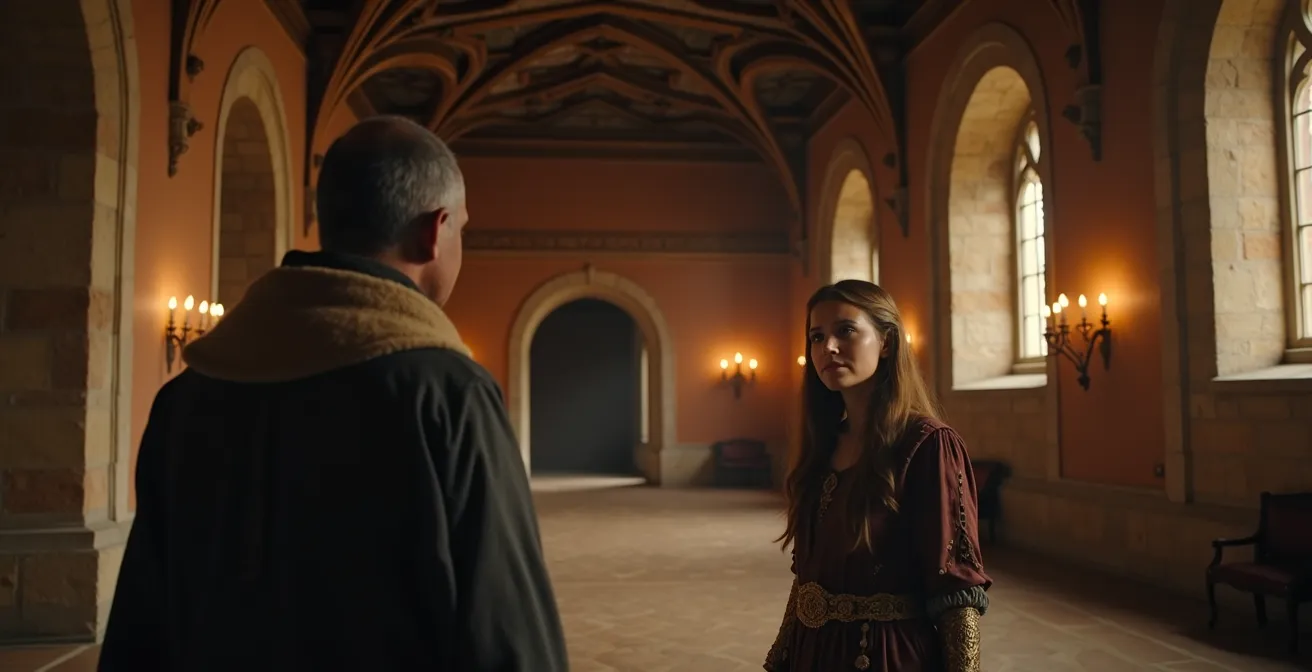 Reconstitution artistique de la Grande Salle du Château du Milieu à Chinon lors de la rencontre entre Jeanne d'Arc et le Dauphin