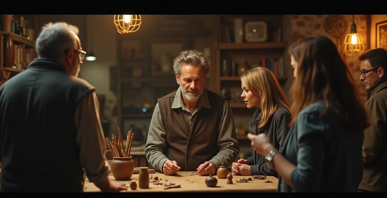 Artisan local en atelier traditionnel, entouré d'objets d'art et d'outils, accueillant chaleureusement un petit groupe de visiteurs dans une ambiance intimiste