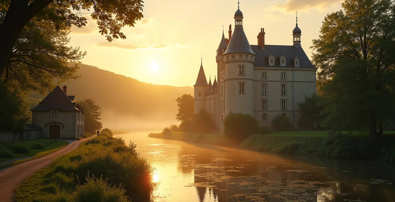 Vue panoramique d'une vallée de la Loire au coucher du soleil, mêlant un château historique, un sentier naturel au bord de la rivière et une petite maison en pierre typique en arrière-plan